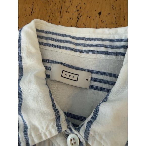 AYR The Deep End Blue White Striped Linen Shirt One Pocket Button Front Size S - Picture 3 of 7